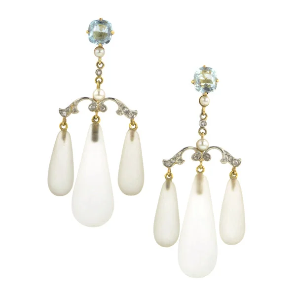 Waxed stone earrings-Aqua, Diamond, Pearl & Rock Crystal Girandole Earrings