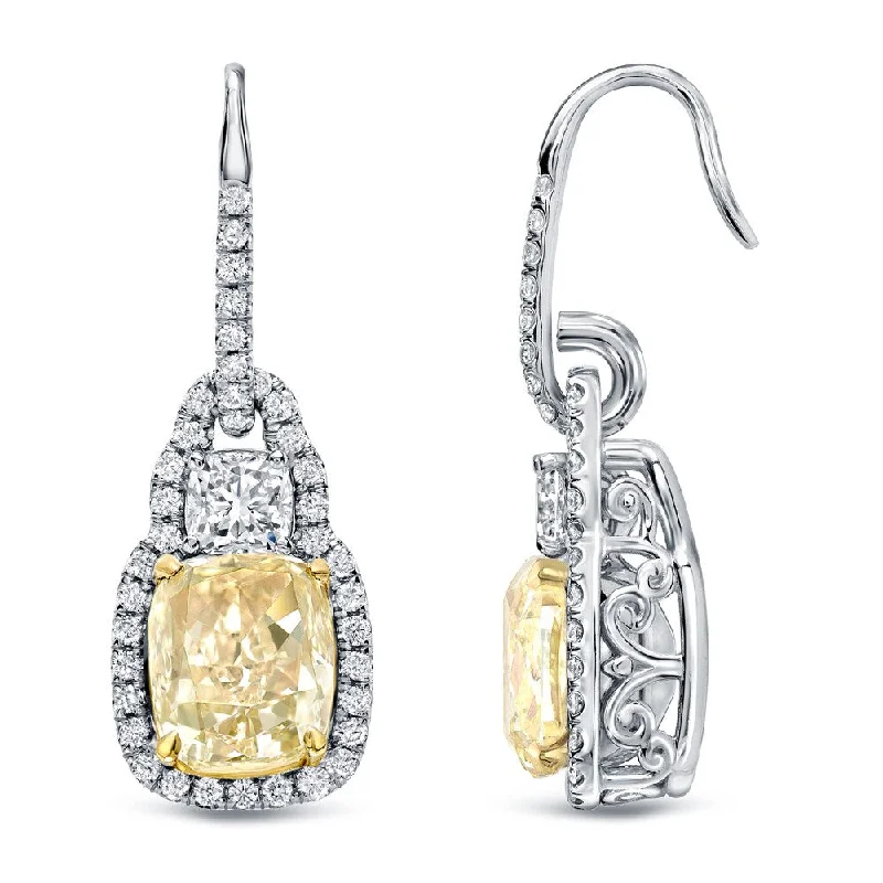 Bent sprig earrings-Auriya 8 1/6ctw Fancy Cushion-cut Halo Light Yellow Diamond Dangle Earrings 18k Gold