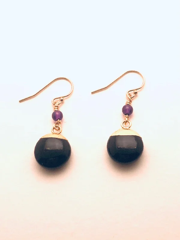 Fleck finish earrings-Black Onyx Coin dipped in Vermeil with Amethyst Accent Bead Earrings