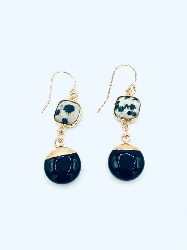 Folk print earrings-Black Onyx Coin dipped in Vermeil with Polka Dot Agate Drop