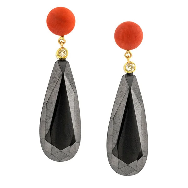 Haze glass earrings-Coral, Diamond & Hematite Earrings