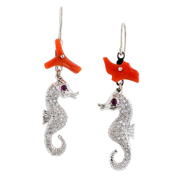 Veined gem earrings-Coral, Ruby, & Diamond Pave Seahorse Earrings, RBC 0.56ctw.