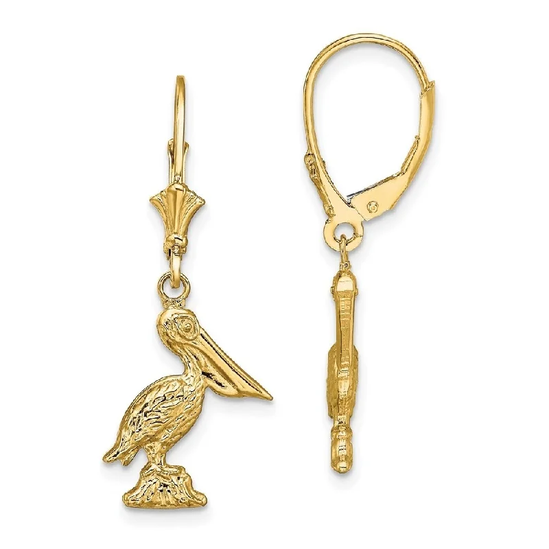 Fused alloy earrings-Diamond2Deal 14K Yellow Gold 3-D Pelican Standing Earrings with Leverback (L-33.15 mm, W-12.6 mm)