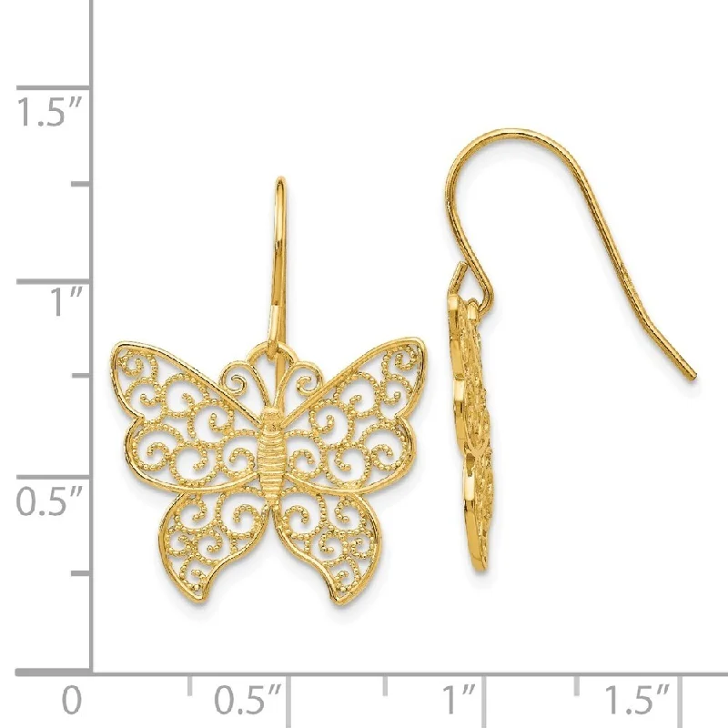 Stacked scale earrings-Diamond2Deal 14K Yellow Gold Butterfly Dangle Earrings (L-25 mm, W-18 mm)