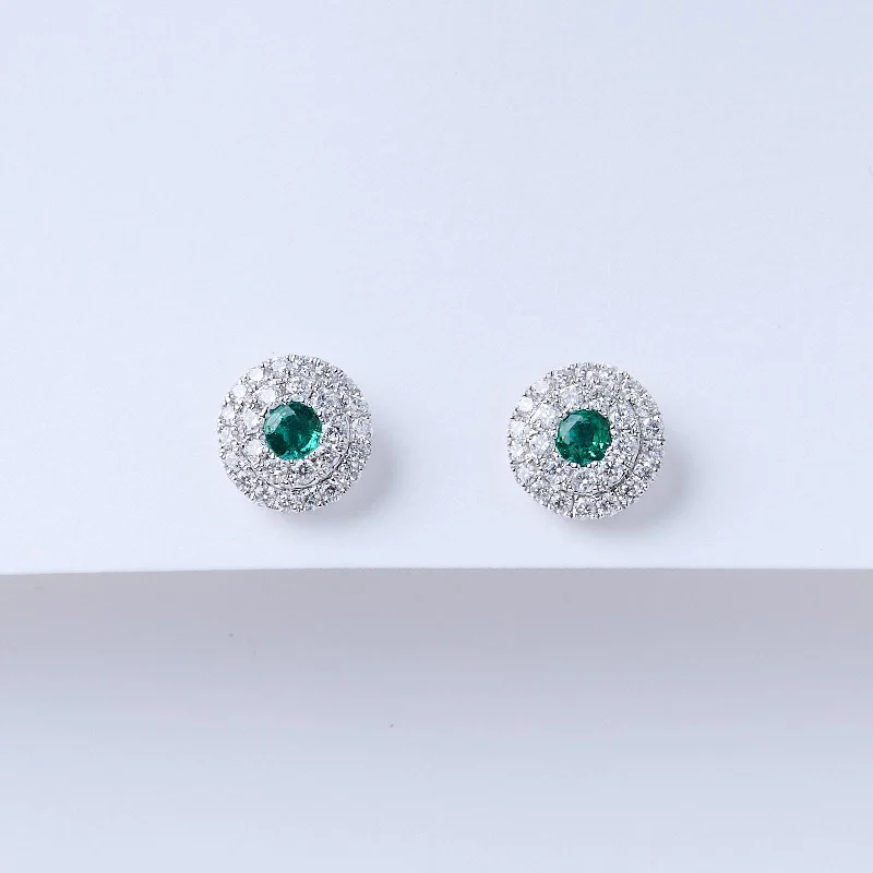 Birch husk earrings-Double Halo Emerald Stud Earrings