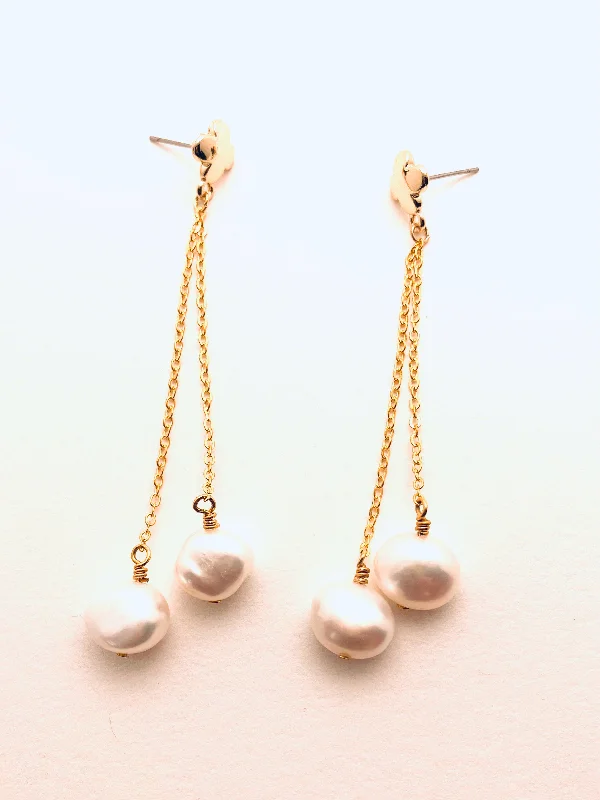 Rough grain earrings-Earrings with Two Large Pearls, Cross and Chain