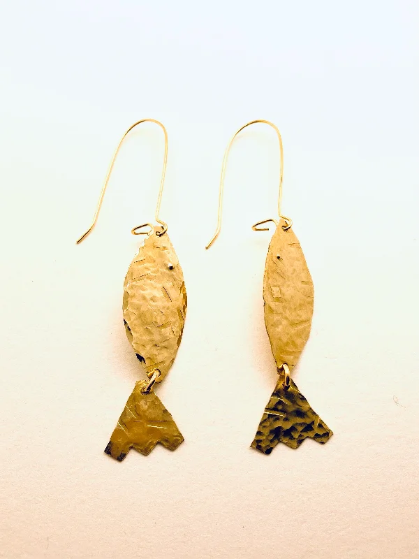 Copper toned earrings-Hand Hammered Fish Earrings