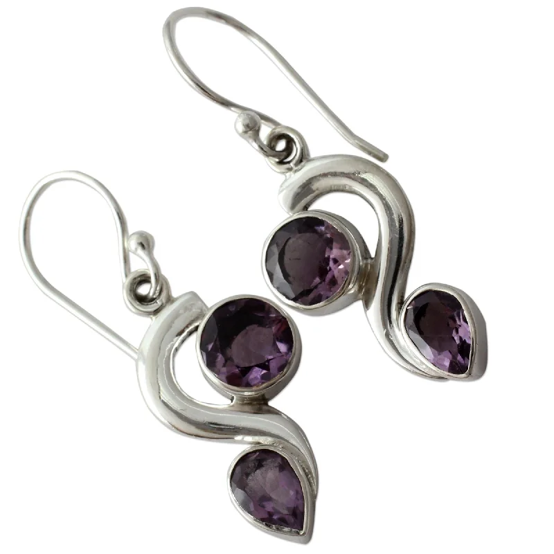 Tall bezel earrings-Handmade Amethyst Dangle Earrings, 'Jungle Enchantment' (India)