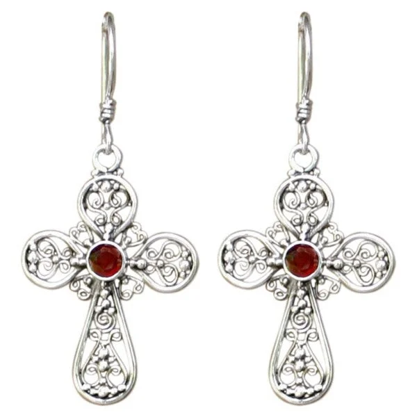 Antique flair earrings-Handmade Floral Cross Sterling Silver Garnet Dangle Earrings (Indonesia)