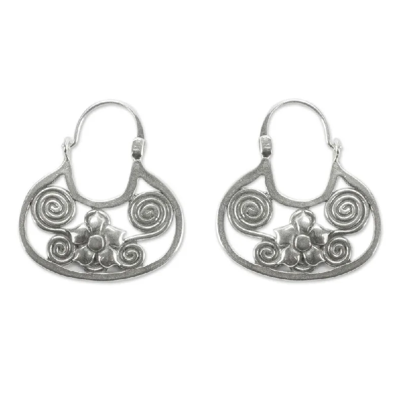 Mussel pearl earrings-Handmade Floral Mazahua Sterling Silver Earrings (Mexico) - 1.4*1.2