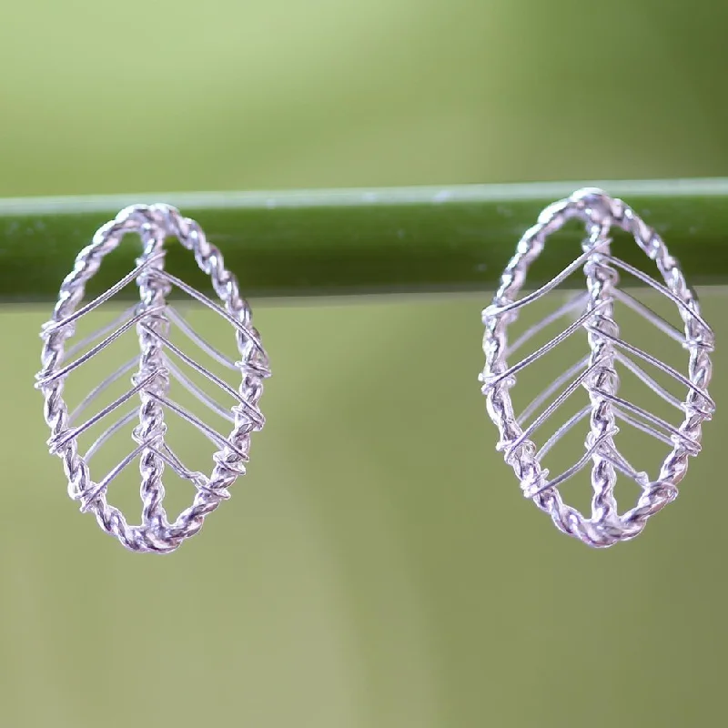 Linen band earrings-Handmade Lucky Leaf Wrap Sterling Silver Earrings (Thailand) - 0.5L*0.3W