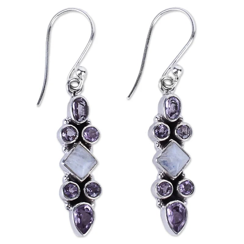 Fused gem earrings-Handmade Rainbow Moonstone Amethyst Earrings (India) - 1.8*0.3