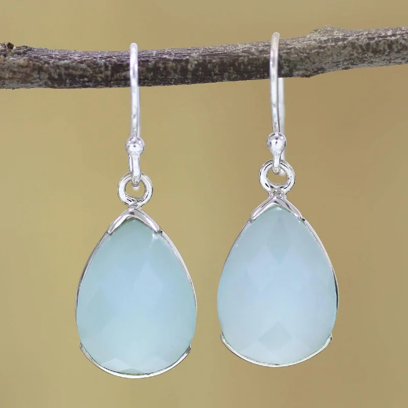 Tusk ridge earrings-Handmade Sterling Silver 'Aqua Drops' Chalcedony Earrings (India) - 1.3*0.4