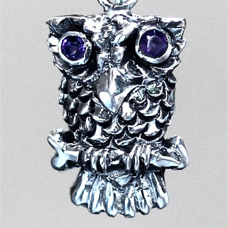 Slanted gem earrings-Handmade Sterling Silver 'Baby Owl' Amethyst Earrings (Indonesia)