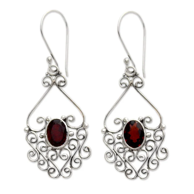 Pitted finish earrings-Handmade Sterling Silver 'Bali Dynasty' Garnet Filigree Earrings (Indonesia)