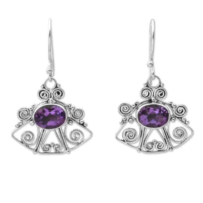 Fin curve earrings-Handmade Sterling Silver 'Balinese Bell' Amethyst Dangle Earrings (Indonesia)