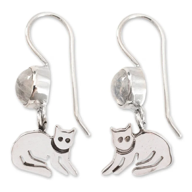 Petrified shard earrings-Handmade Sterling Silver Cool Kitty Cat Moonstone Earrings (Mexico)