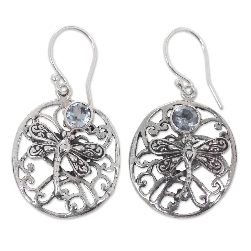 Side gem earrings-Handmade Sterling Silver 'Dancing Dragonflies' Blue Topaz Earrings (Indonesia) - 1.5L*0.8W