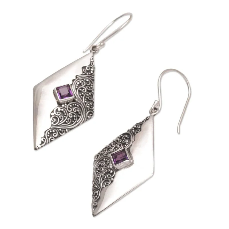 Classic mine earrings-Handmade Sterling Silver 'Diamond Ferns' Amethyst Earrings (Indonesia) - 2L*0.7W