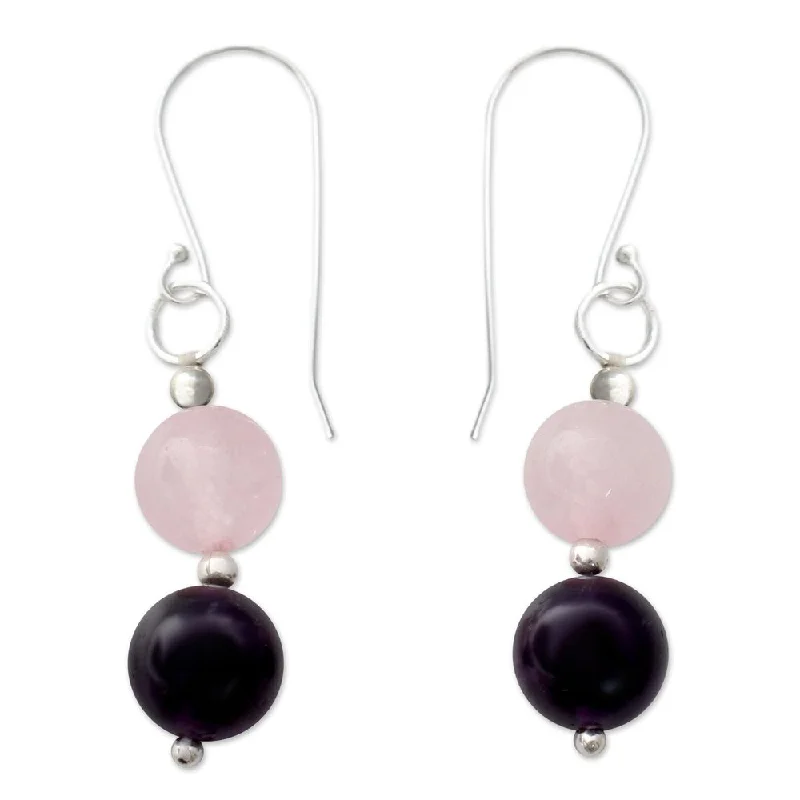 Bent sprig earrings-Handmade Sterling Silver 'Dreamy Affair' Amethyst Rose Quartz Earrings (India) - 1.6*0.3