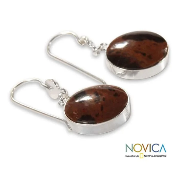 Uncut gem earrings-Handmade Sterling Silver 'Inca Moons' Mahogany Obsidian Earrings (Peru)