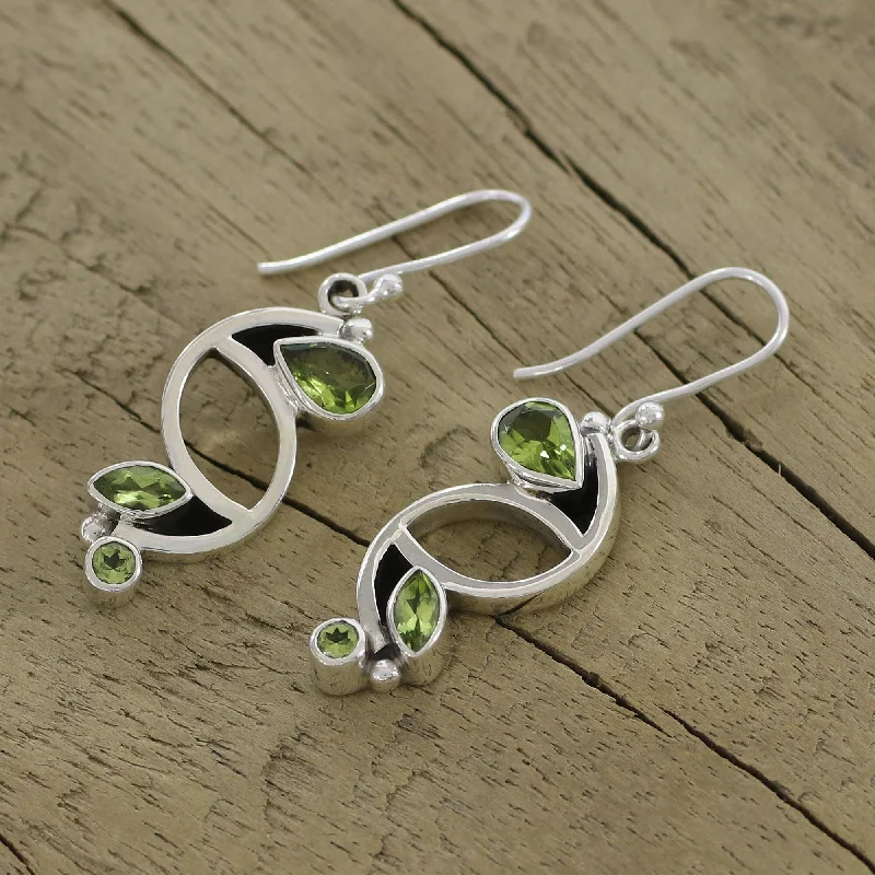 Side gem earrings-Handmade Sterling Silver Intricate Harmony Peridot Dangle Earrings (India)