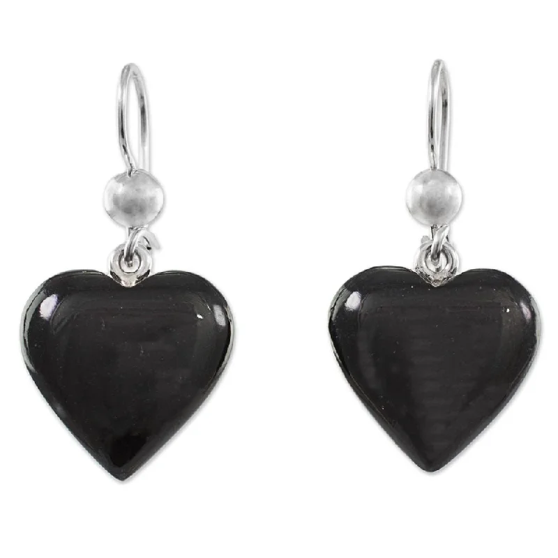 Faint check earrings-Handmade Sterling Silver 'Mayan Heart in Black' Jade Earrings (Guatemala) - 1.3L*0.6W