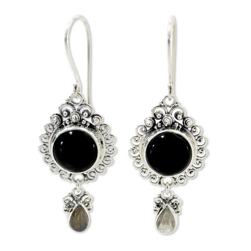 Fifteen-stone earrings-Handmade Sterling Silver 'Midnight Tears' Onyx and Labradorite Earrings (Bali)