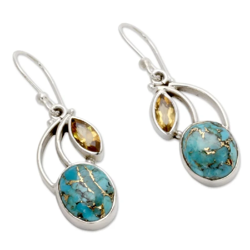 Thracian stud earrings-Handmade Sterling Silver Mystique Citrine Turquoise Dangling Earrings (India)