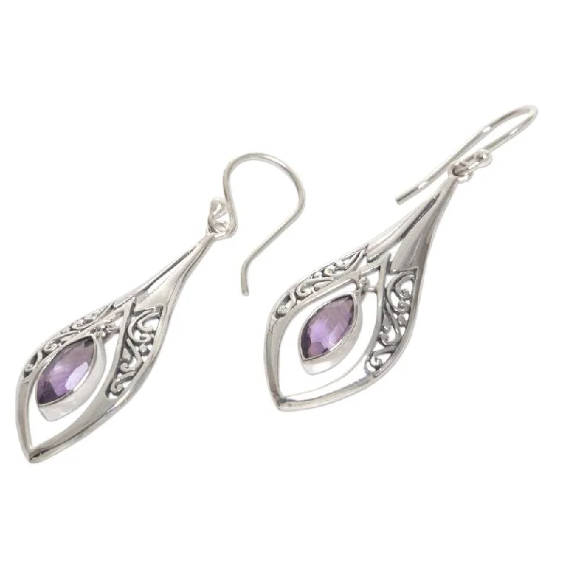 Cotton strip earrings-Handmade Sterling Silver 'Purple Teardrops' Amethyst Earrings (Indonesia) - 2.2*0.6