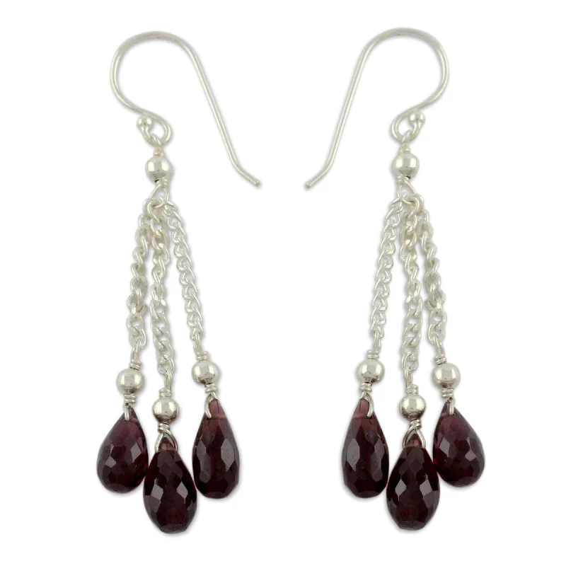 Velvet wrap earrings-Handmade Sterling Silver Sparkling Wine Garnet Earrings (India) - 2.0" L x 0.2" W