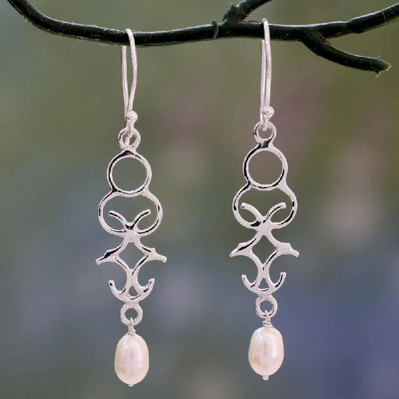 Knotted braid earrings-Handmade Sterling Silver 'Sublime Trellis' Pearl Earrings (6 mm) (India) - 2.4*0.5