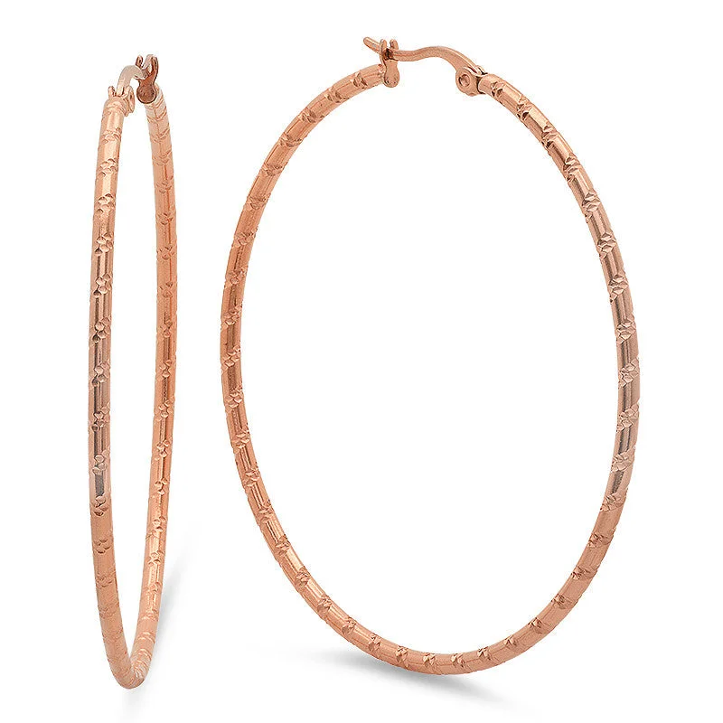 Stacked scale earrings-Ladies 18 Kt Rose Gold Plated Etched Hoop Earrings 55mm