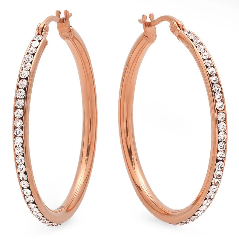 Surf crest earrings-Ladies 18 Kt Rose Gold Plated Hoop Earrings with Simulated Diamonds 40mm