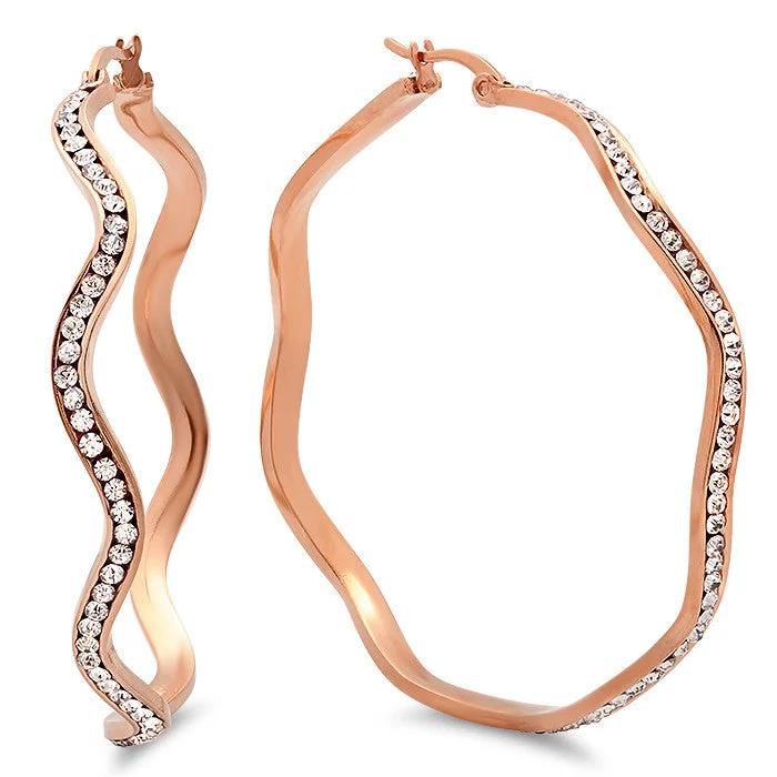 Fleck finish earrings-Ladies 18 Kt Rose Gold Plated Wavy Hoop Earrings With Simulated Diamonds