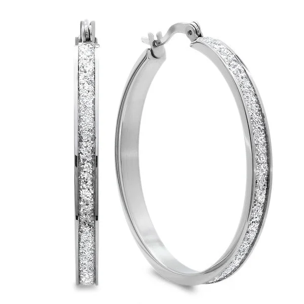 Surf crest earrings-Ladies Stainless Steel Glitter Hoop Earrings