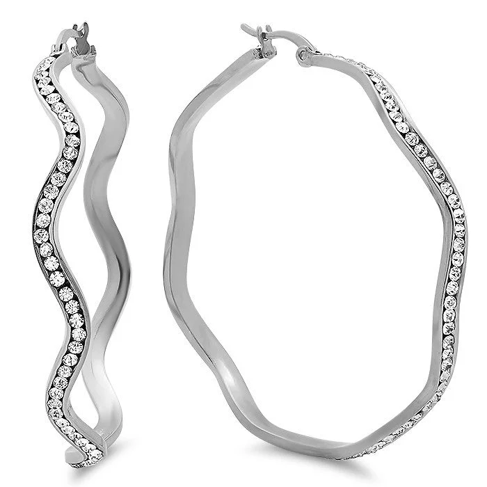 Mussel pearl earrings-Ladies Stainless Steel Hoop Earrings With Simulated Diamonds 55MM