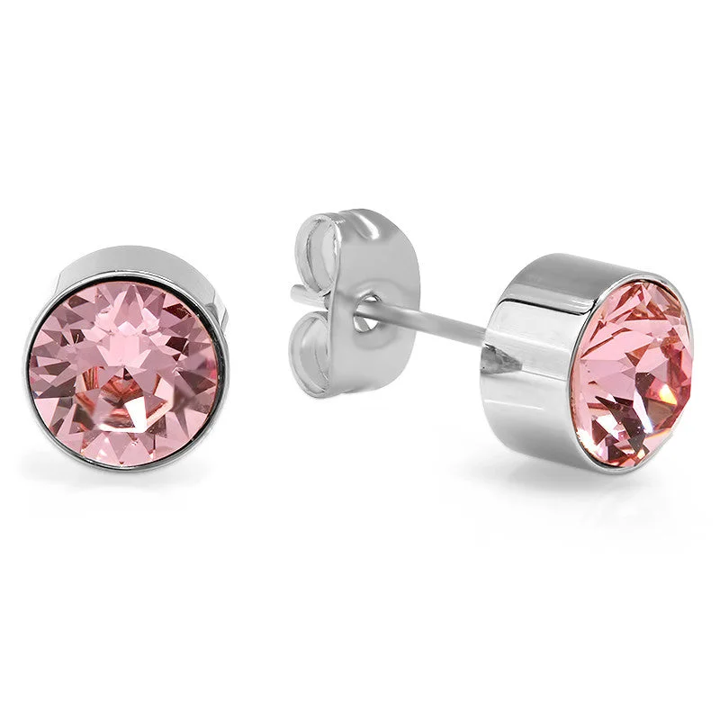 Radiant set earrings-Ladies Stainless Steel Pink Swarovski Stud Earrings