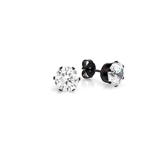 Dome stud earrings-Stainless Steel Round Stud Earrings with Black Setting