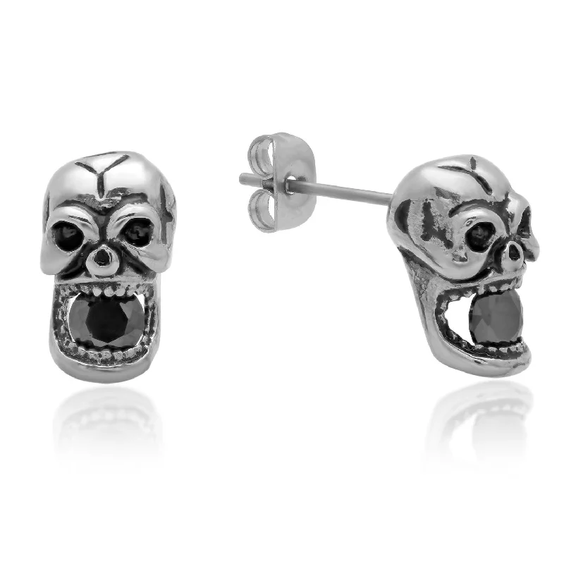 Uncut gem earrings-Ladies Stainless Steel Skull Earrings