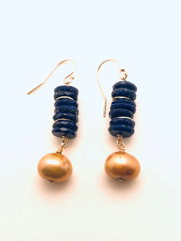 Smooth cut earrings-Lapis, 22k Vermeil Discs, Gold Fresh Water Pearl Earrings