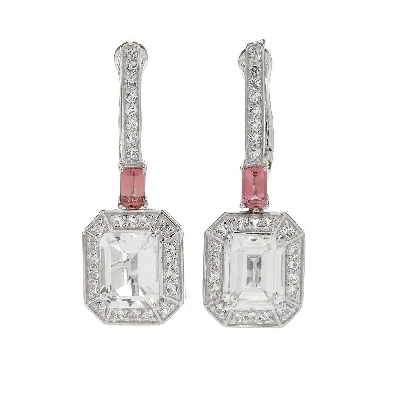 Clustered stone earrings-Legacy Sterling Silver 1.25" White Topaz & Pink Tourmaline Earrings