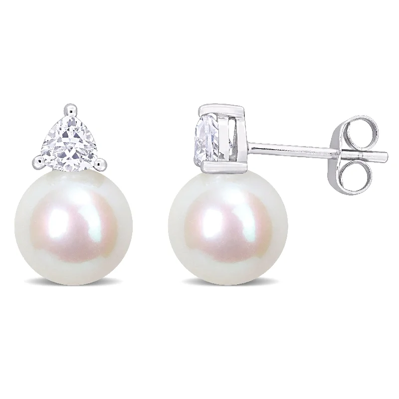 Marble fleck earrings-Miadora 8-8.5mm Cultured Freshwater Pearl and 3/4ct TGW Created White Sapphire Stud Earrings in 10k White Gold