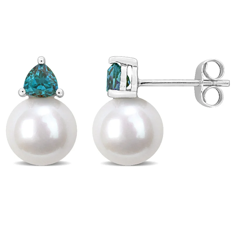 Round-cut zircon earrings-Miadora 8-8.5mm Cultured Freshwater Pearl and 3/5ct TGW Created Alexandrite Stud Earrings in 10k White Gold