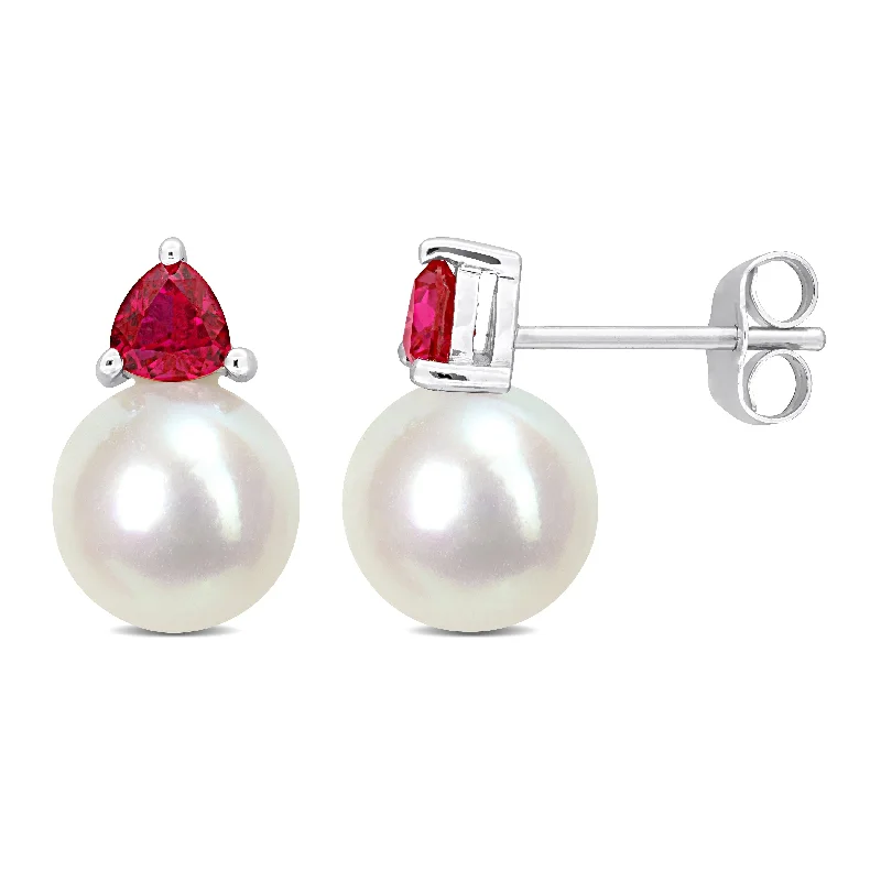 Layered gem earrings-Miadora 8-8.5mm Cultured Freshwater Pearl and 3/5ct TGW Created Ruby Stud Earrings in 10k White Gold - 13 mm x 8.5 mm x 8.5 mm