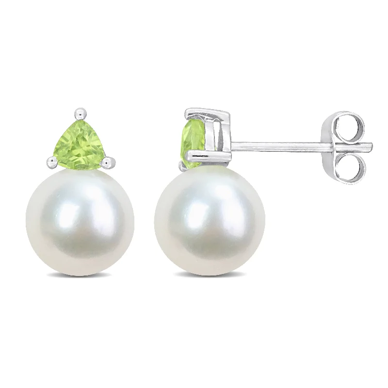 Marble fleck earrings-Miadora 8-8.5mm Cultured Freshwater Pearl and 3/5ct TGW Peridot Stud Earrings in 10k White Gold - 13 mm x 8.5 mm x 8.5 mm