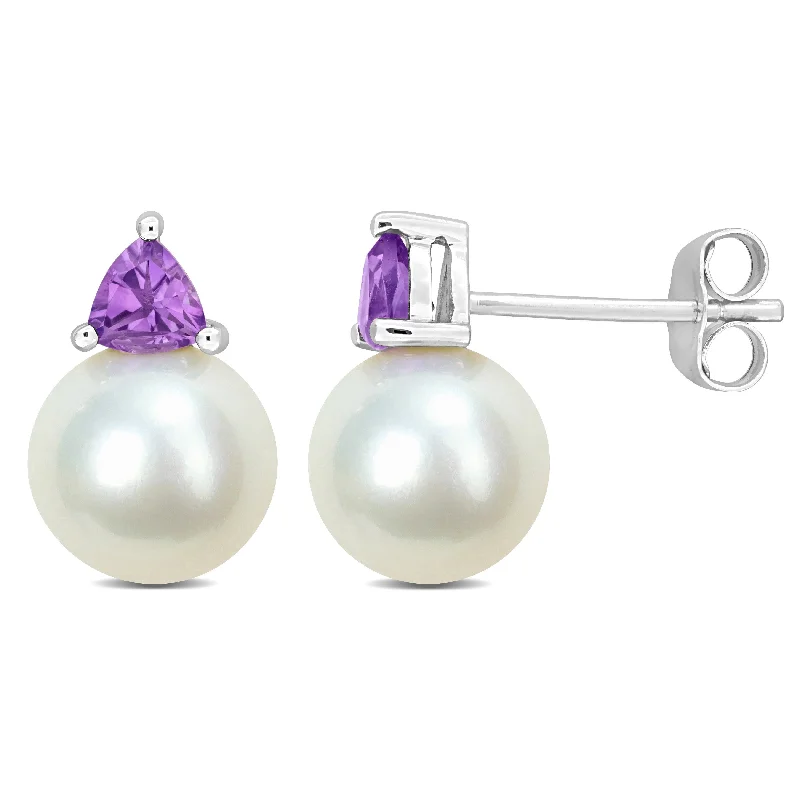 Mussel pearl earrings-Miadora 8-8.5mm Cultured Freshwater Pearl and 3/8ct TGW Amethyst Stud Earrings in 10k White Gold - 13 mm x 8.5 mm x 8.5 mm