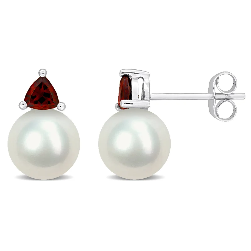 Gothic curve earrings-Miadora 8-8.5mm Cultured Freshwater Pearl and 5/8ct TGW Garnet Stud Earrings in 10k White Gold - 13 mm x 8.5 mm x 8.5 mm