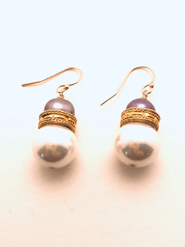 Millet stem earrings-Mother of Pearl with Lilac Pearl and Jewelers Brass Ring Earrings