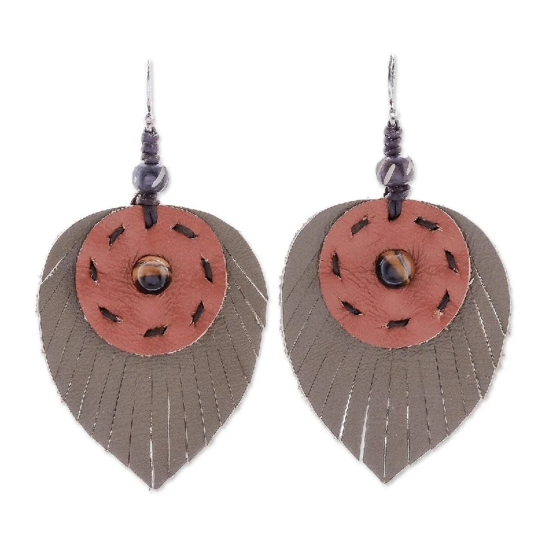 Leather stud earrings-NOVICA Aurora Leaves, Tiger's eye and leather dangle earrings - 2.8*1.6